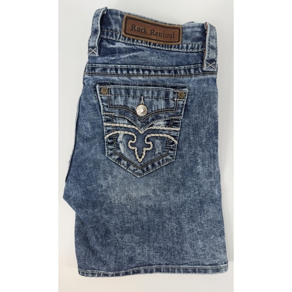 Rock Revival Alivia Easy Denim Flap Pocket Shorts 27 Blue Distressed Stretch